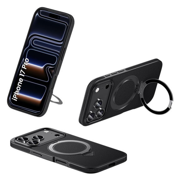 Etui Skórzane do iPhone 17 Pro, MagSafe, z podstawką - czarne