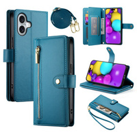 Etui z klapką do iPhone 16 Plus, Wallet Zipper Pocket, niebieskie