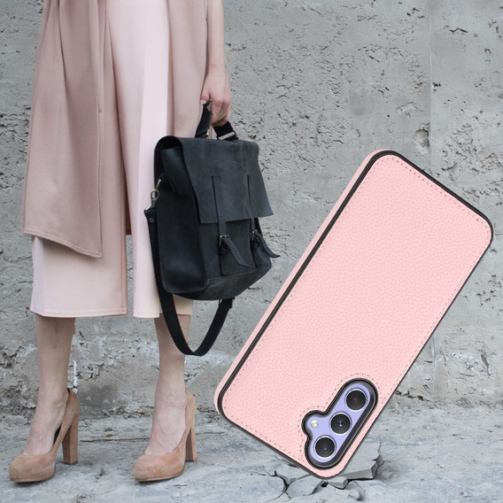 Etui skórzane do Samsung Galaxy A25 5G, Obudowa Lychee leather Case, różowe + Szkło 9H