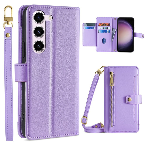 Etui z klapką do Samsung Galaxy S23, Wallet Zipper Pocket, fioletowe