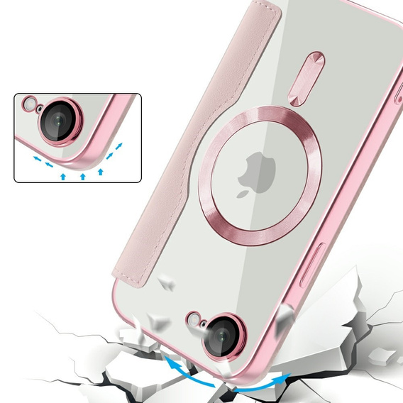 Etui z klapką do iPhone 16E, RFID Wallet MagSafe z ochroną aparatu, różowe
