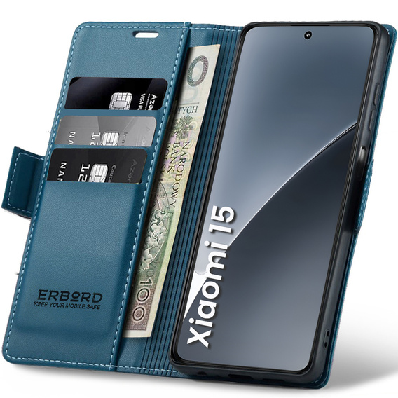 Etui do Xiaomi 15, ERBORD Glossy Litchi, portfel z klapką, niebieskie