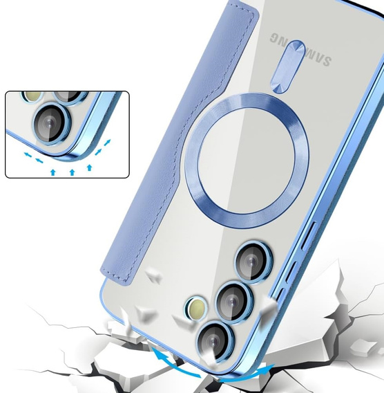 Etui z klapką do Samsung Galaxy S25 FE, RFID Wallet MagSafe z ochroną aparatu, niebieskie