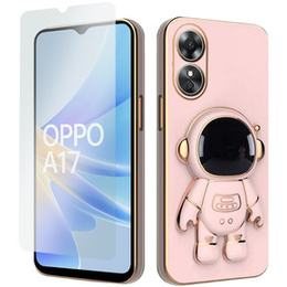 Zestaw Etui Electro do Oppo A17, Astronauta, Różowe rose gold + Szkło 9H