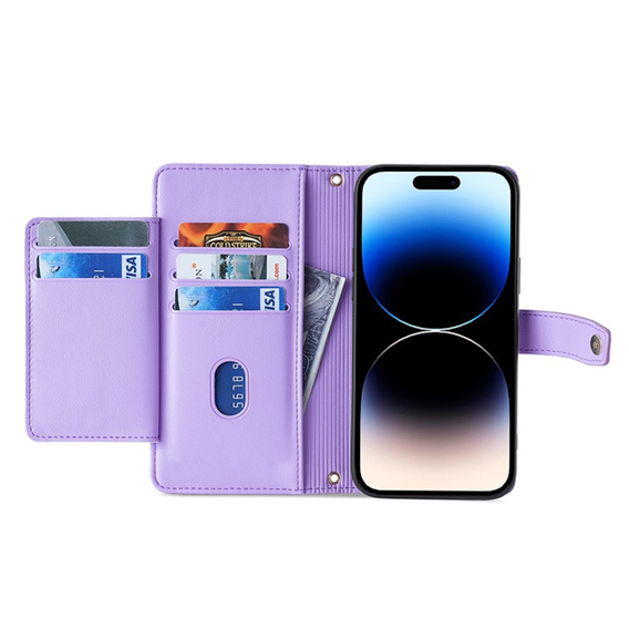 Etui z klapką do iPhone 14 Pro, Wallet Zipper Pocket, fioletowe