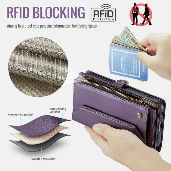 Etui CASEME do Samsung Galaxy S25 FE, RFID Leather Wallet, z paskiem na ramię, fioletowe
