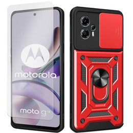 Zestaw Etui do Motorola Moto G13 / G23 pancerne, z ochroną aparatu i ringiem, czerwone + szkło