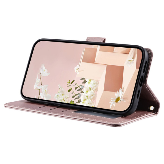 Etui z klapką do Samsung Galaxy S25, Rhombus Crossbody Leather, różowe rose gold