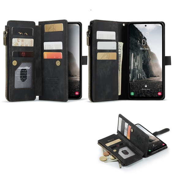 Etui CASEME do Samsung Galaxy A56 5G, Leather Wallet Cash and Card Slots, z paskiem, czarne