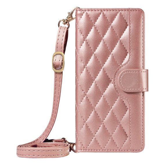 Etui z klapką do iPhone 16E, Rhombus Crossbody Leather, różowe rose gold