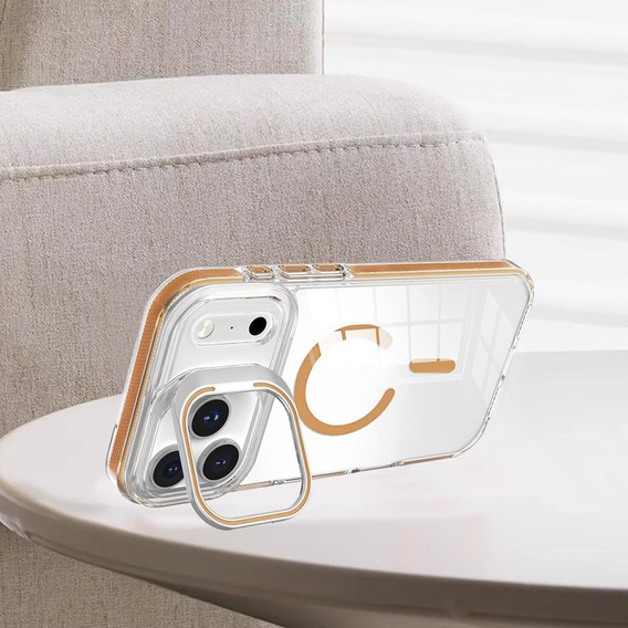 Etui do iPhone 17 Pro, do MagSafe, z podstawką, przezroczyste ze złotymi akcentami