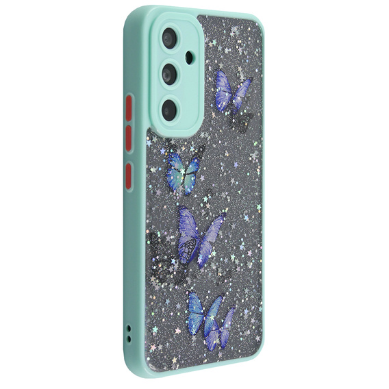 Etui do Samsung Galaxy A54 5G, Glitter butterflies, z ochroną aparatu, przezroczyste z niebieską ramką