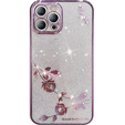 Etui do iPhone 13 Pro, Glitter Flower, fioletowe