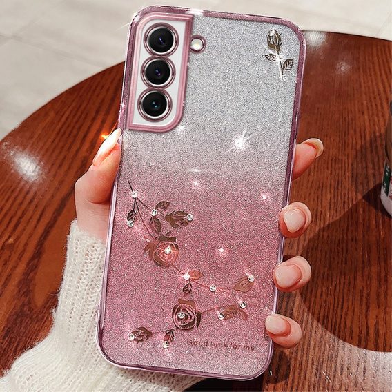 Etui do Samsung Galaxy S22+ Plus, Glitter Flower, różowe rose gold