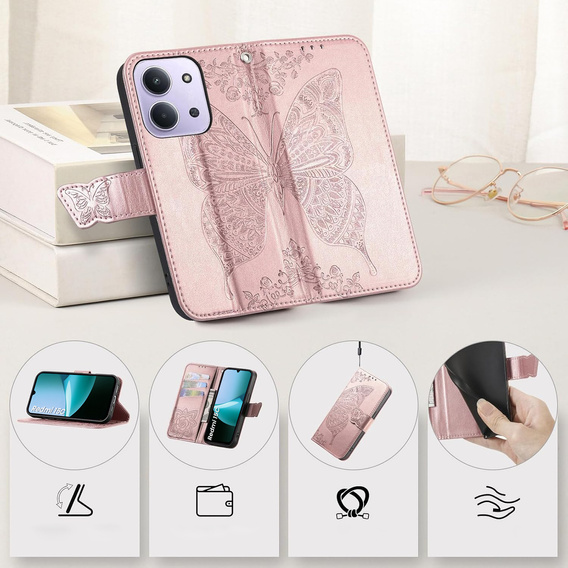 Etui z klapką do Xiaomi Redmi 15C 4G/LTE, Butterfly, różowe rose gold