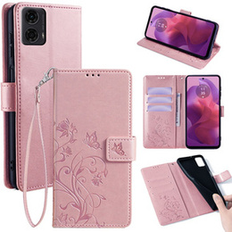 Etui z klapką do Motorola Moto E14, Butterflies, różowe rose gold