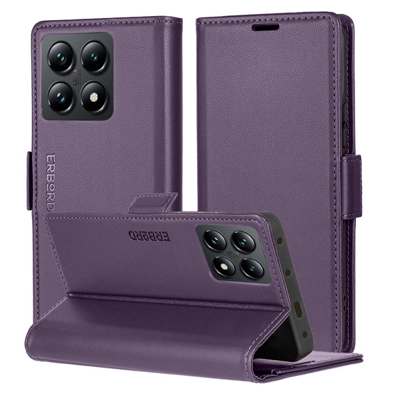 Etui do Xiaomi 14T, ERBORD Glossy Litchi, portfel z klapką, fioletowe