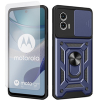 Zestaw Etui do Motorola Moto G53 5G pancerne, z ochroną aparatu i ringiem, niebieskie + szkło