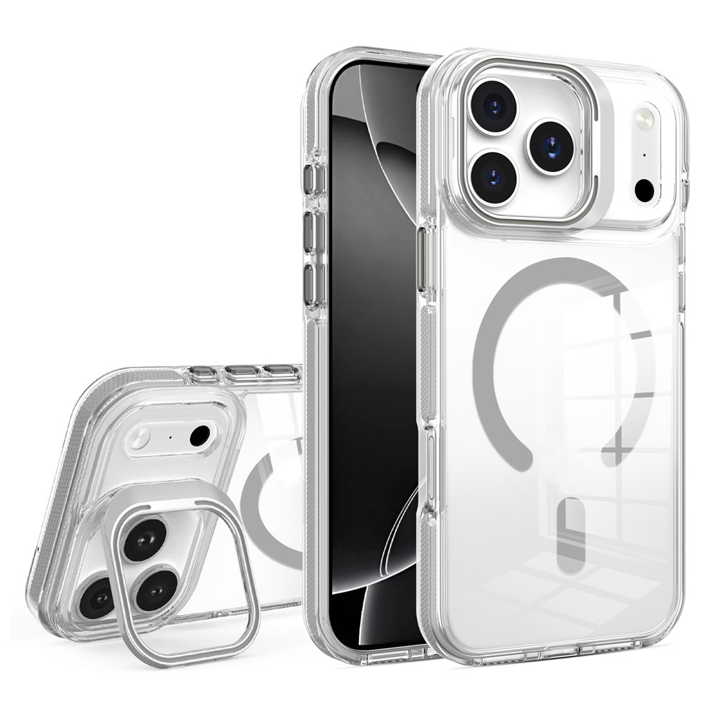 Etui do iPhone 17 Pro Max, do MagSafe, z podstawką, przezroczyste z szarymi akcentami