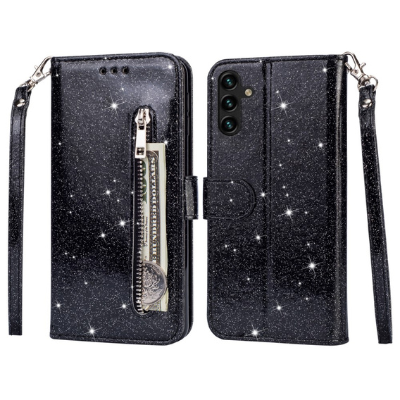 Etui z klapką do Samsung Galaxy A35 5G, Wallet Zipper Pocket Glittery, czarne