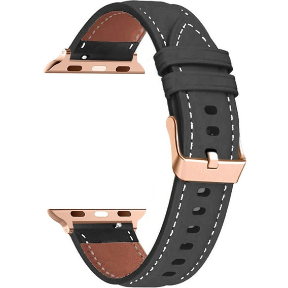 Skórzany Pasek z Klamrą Rose Gold do Apple Watch 1/2/3/4/5/6/7/8/9/10/11/SE 38/40/41/42mm – Czarny
