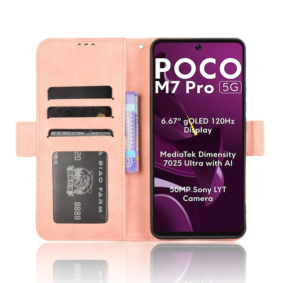 Etui z klapką do Xiaomi Poco M7 Pro 5G, Card Slot, różowe