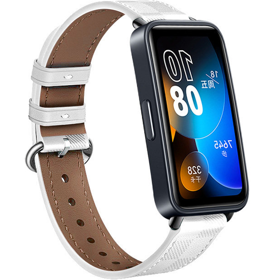 Pasek Skórzany do Huawei Band 10 / 9 / 8, z teksturą w kratkę, Biały