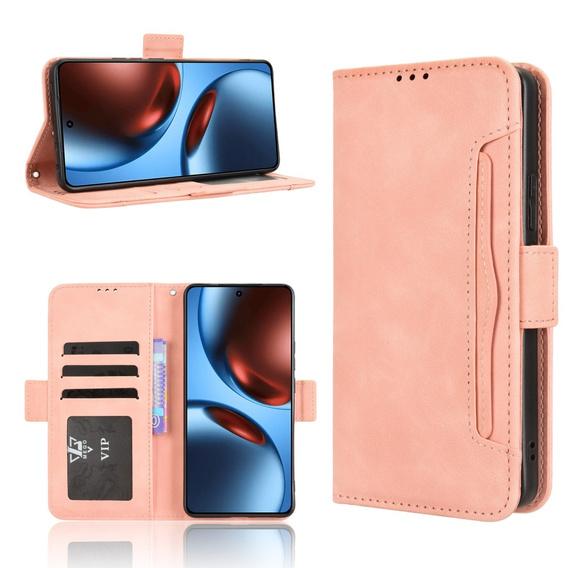 Etui z klapką do Realme GT 7 / 7T, Card Slot, różowe