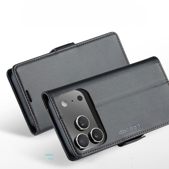 Etui do iPhone 17 Pro Max, ERBORD Glossy Litchi, portfel z klapką, czarne
