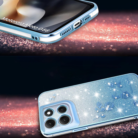 Etui do Motorola Moto G56 5G, Glitter Flower, niebieskie