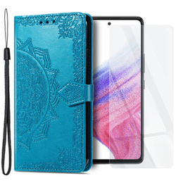 Zestaw Etui z klapką do Samsung Galaxy A53 5G, Mandala, Niebieskie + Szkło