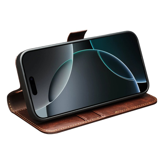 Etui ze skóry z klapką do iPhone 17 Pro, QIALINO Genuine Cow Leather – brązowe
