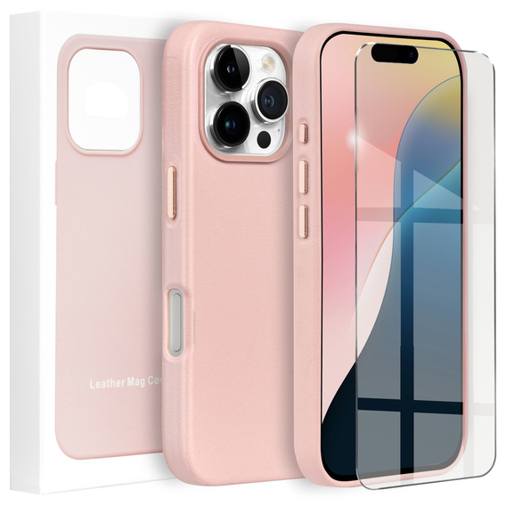 Skórzane Etui do MagSafe do iPhone 16 Pro, różowe + Szkło Hartowane 9H