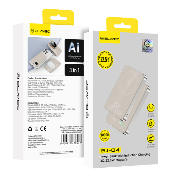 Blavec Power Bank 10000mAh BJ-04 Slim 13,5mm - Typ C - 22,5W, MagSafe 3 w 1 - złoty szklany