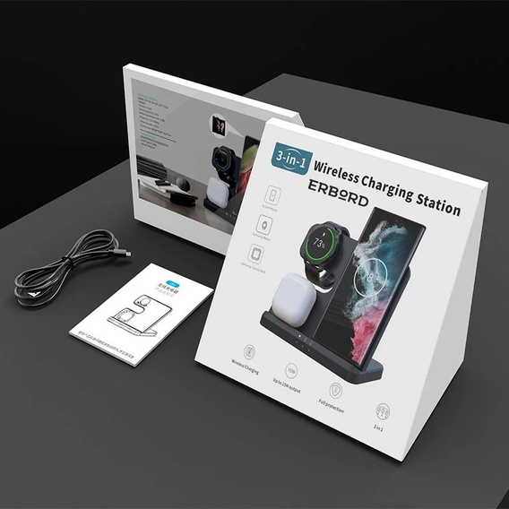 Ładowarka Bezprzewodowa Indukcyjna 3w1 QI Szybka do Samsung S25 S24 S23 Galaxy Watch Buds Stacja czarna
