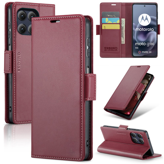 Czerwone etui ERBORD Glossy Litchi do Motorola Moto G86 5G z klapką i błyszczącym wykończeniem