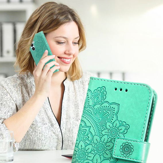 Zestaw Etui z klapką do Samsung Galaxy A54 5G, portfel Mandala i kwiaty, zielone + szkło