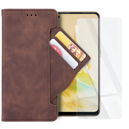 Zestaw  Etui do Oppo Reno8 T, portfel z klapką Card Slot, Brązowe + Szkło