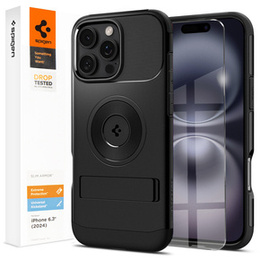 Etui Spigen do iPhone 16 Pro Slim Armor MagSafe, Czarne + Szkło Hartowane 9H