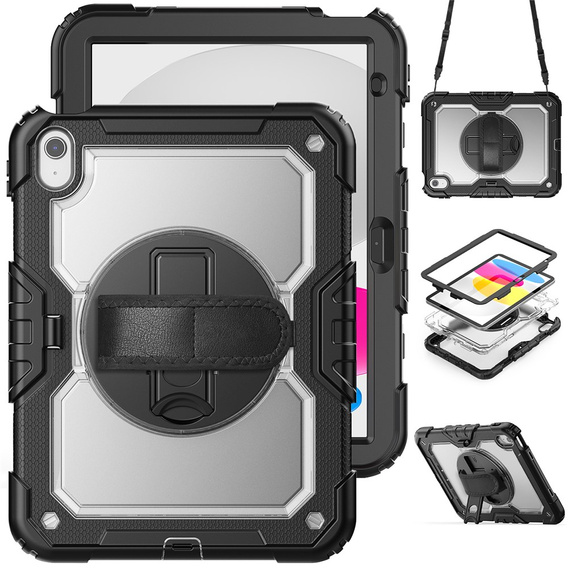 Etui ochronne do iPad 11" 2025 A16 (11 gen.) / 10.9" 2022 (10 gen.) z folią PET, paskiem na ramię i obrotową podstawką - czarne
