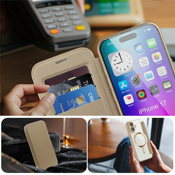Etui z klapką do iPhone 17, RFID Wallet MagSafe z ochroną aparatu, złote