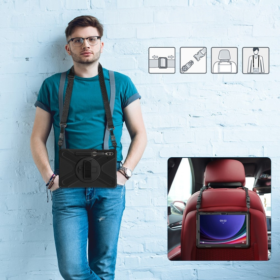 Etui pancerne do Samsung Galaxy Tab S9 FE+ / S9+ / S8+ / S7+, ochronne 360 z miejscem na rysik, Czarne