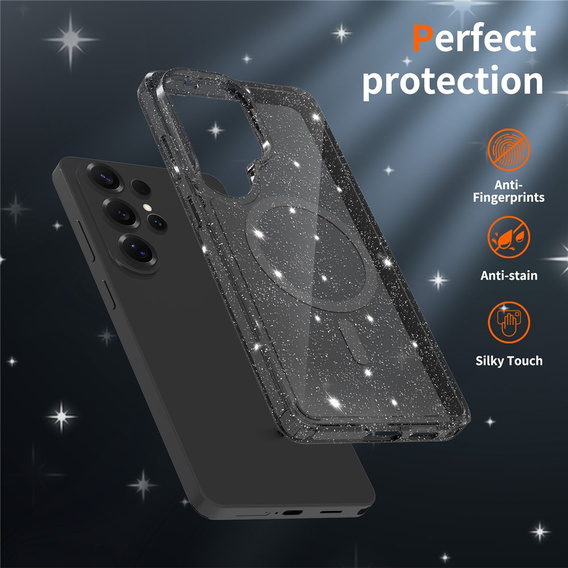 Etui do Samsung Galaxy S26 Ultra, do MagSafe, brokatowe, przezroczyste / czarne