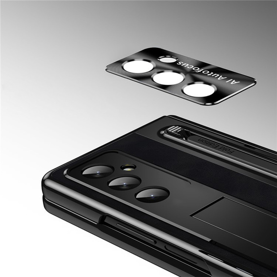 Etui skórzane do Samsung Galaxy Z Fold7 5G, z podstawką, szkłem i rysikiem, czarne