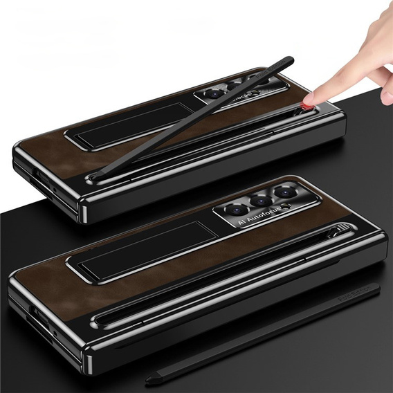 Etui skórzane do Samsung Galaxy Z Fold7 5G, z podstawką, szkłem i rysikiem, brązowe