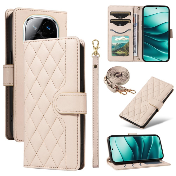 Etui z klapką do Xiaomi Redmi Note 14 Pro 5G / Xiaomi Redmi Note 14 Pro+ 5G / Xiaomi Poco X7 5G, Rhombus Crossbody Leather, beżowe