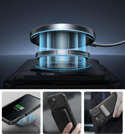 Etui pancerne do iPhone 16 Pro Max, Dexnor CamProtect MagSafe, z folią prywatyzującą, czarne (Dwie ramki)