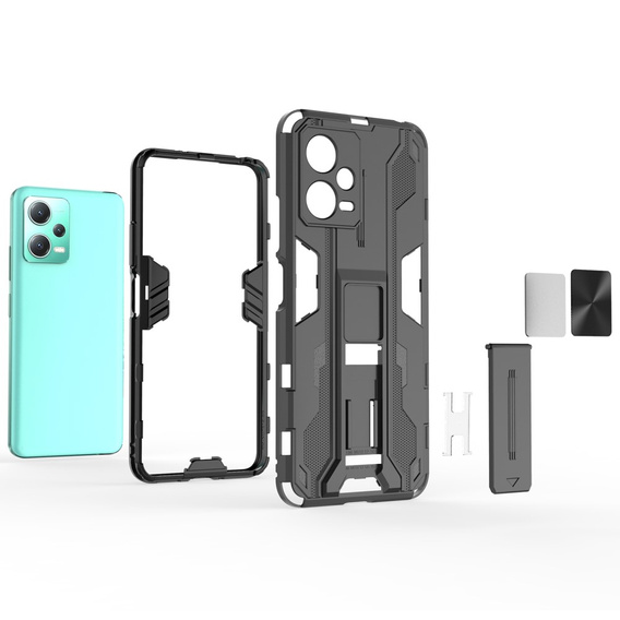 Etui do Xiaomi Redmi Note 12 5G / POCO X5 5G, pancerne z podstawką i ochroną aparatu, czarne