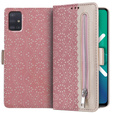 Etui z klapką do Samsung Galaxy A51, Wallet Pocket Zipper Lace, różowe