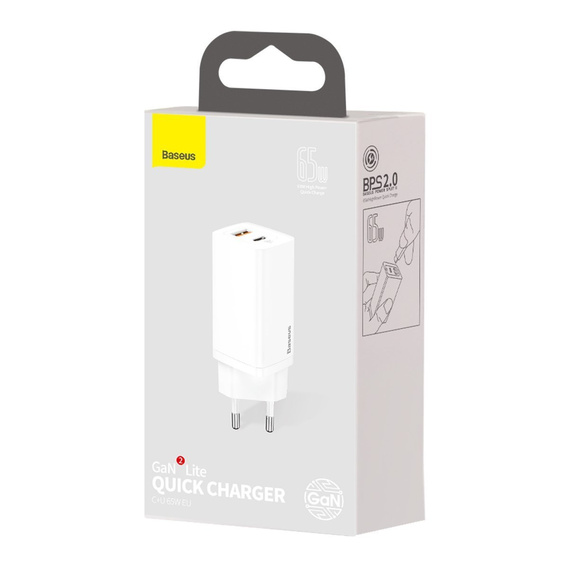 Ładowarka sieciowa Baseus GaN2 Lite, USB + USB-C, 65W - biała